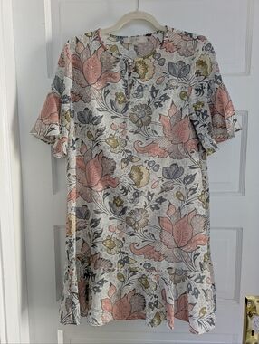 LOFT Pink and Gray Floral Ruffle-Sleeve Mini Dress